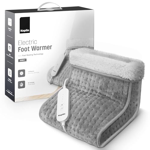 KEPLIN Electric Foot Warmer: Adjustable Temp, Auto Shut-Off, Soft Fleece, Washable Sleeves - Grey, 1-Pack
