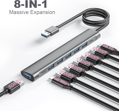 USB Hub Adapter 8 Ports, 6 USB 3.0 Data Ports, USB-C, Splitter with Power Port, Long Cable 47 inch, for Laptop PC