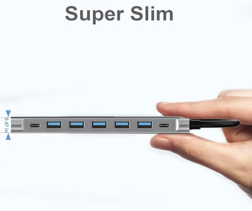 USB Hub Adapter 8 Ports, 6 USB 3.0 Data Ports, USB-C, Splitter with Power Port, Long Cable 47 inch, for Laptop PC