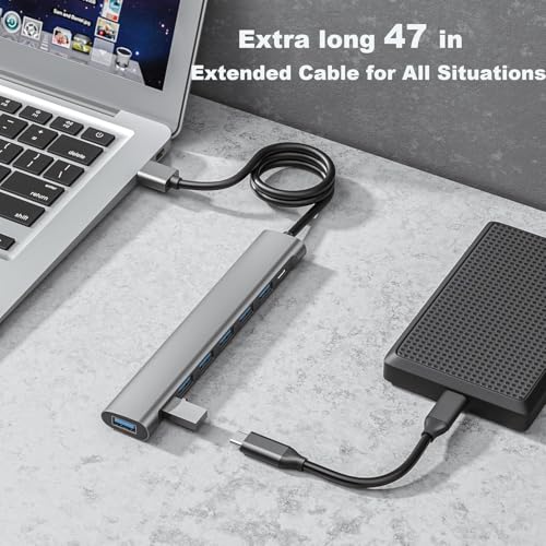USB Hub Adapter 8 Ports, 6 USB 3.0 Data Ports, USB-C, Splitter with Power Port, Long Cable 47 inch, for Laptop PC
