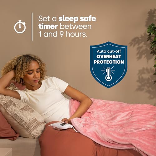 LIVIVO Heated Blanket 160x130cm - Soft Fleece Throw with 9 Heat Settings, Timer - Auto Shut-Off - Energy Efficient - Pink