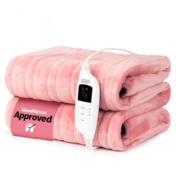 LIVIVO Heated Blanket 160x130cm - Soft Fleece Throw with 9 Heat Settings, Timer - Auto Shut-Off - Energy Efficient - Pink