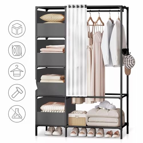 Heavy Duty Metal Clothes Rail with Storage Shelves - Ideal for Coats, Bags, Shoes - Home Bedroom Garment Rack