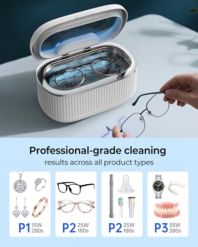 Ultrasonic Jewelry Cleaner 35W for Rings, Watches, Eyeglasses - 5 Timer Modes, 304 Stainless Steel Tank - Quiet, Retainer Cleaning