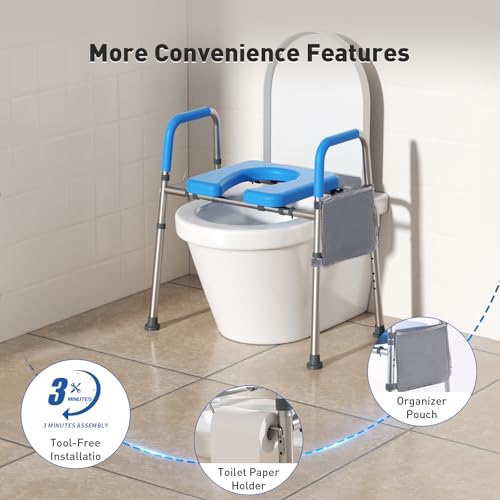 Cozy Padded Raised Toilet Seat with Handles, Adjustable Width, Blue