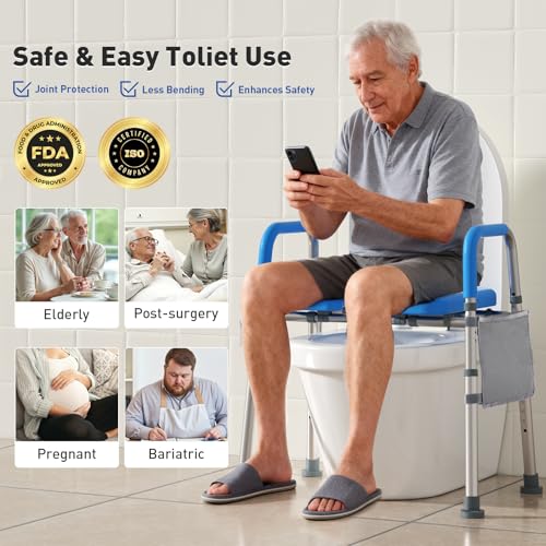 Cozy Padded Raised Toilet Seat with Handles, Adjustable Width, Blue