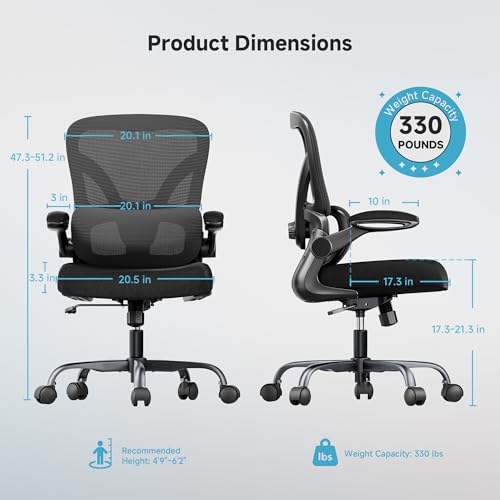 Mesh 330 lbs Office Chair, Adjustable Lumbar Support, Flip-up Armrests, Black