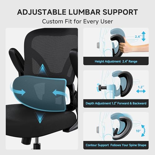 Mesh 330 lbs Office Chair, Adjustable Lumbar Support, Flip-up Armrests, Black