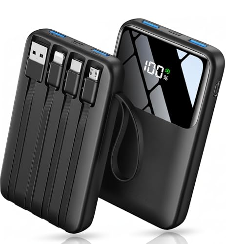 Portable Power Bank 10000mAh: Fast Charger, Digital Screen, 4 Cables - Ideal for Travel & Festivals