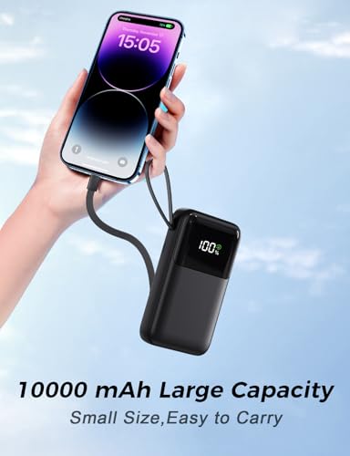 Portable Power Bank 10000mAh: Fast Charger, Digital Screen, 4 Cables - Ideal for Travel & Festivals