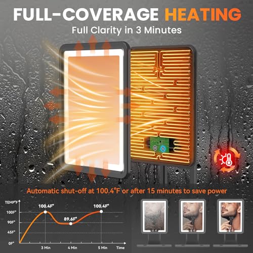 Fogless LED Shower Mirror for Shaving - Heated, Dimmable Lights