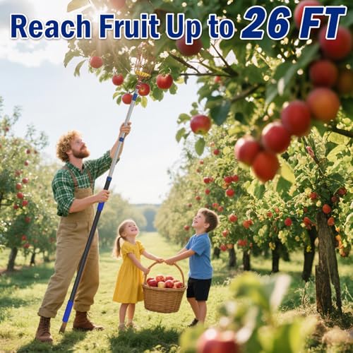 Extendable Aluminum Fruit Picker Pole with Basket, 26FT Reach, Ideal for Avocados, Apples, Mangoes - Durable Harvesting Tool