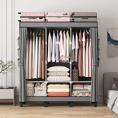 YasTant Fabric Wardrobe: Portable with 3 Hanging Rails, Grey
