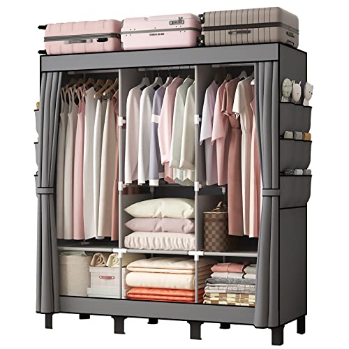 YasTant Fabric Wardrobe: Portable with 3 Hanging Rails, Grey